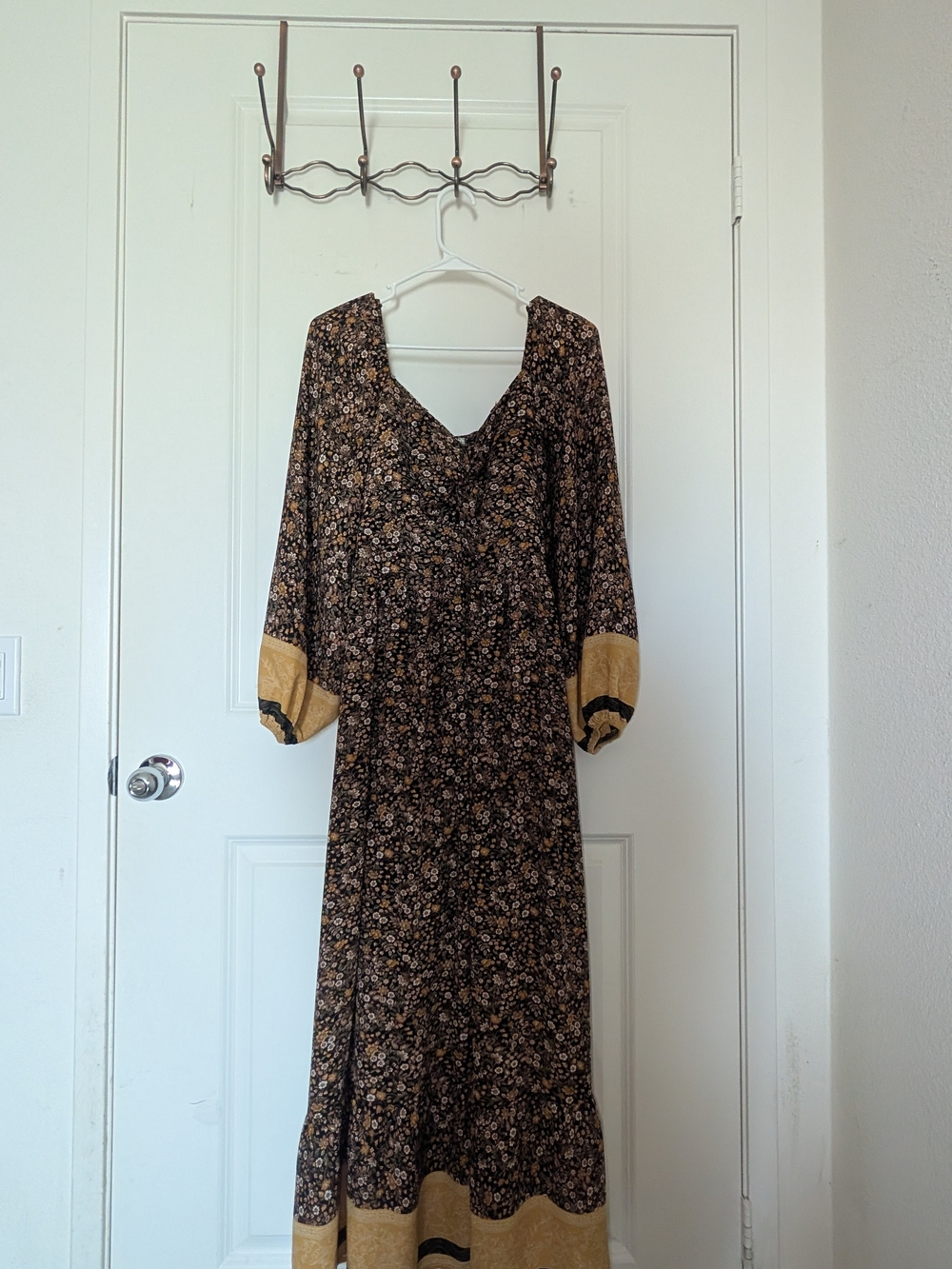 Floral Black Maxi Dress with Tan Accent Cuffs